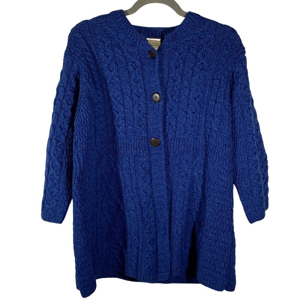 Kilronan Ireland M Blue Cable Knit Chunky Cardigan Sweater 100% merino wool